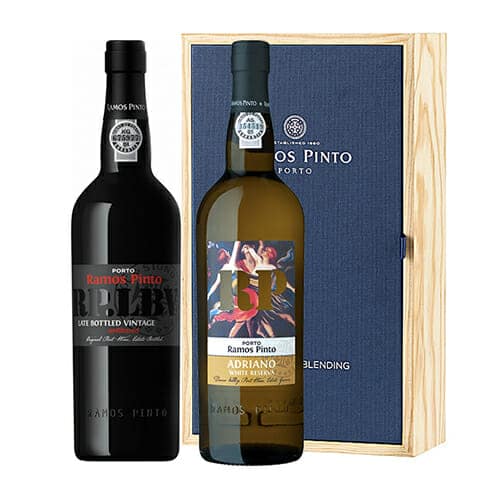 de Coninck Wine Merchant Wooden Box Porto Ramos Pinto : Late Bottled Vintage 2015 & Adriano White Reserva